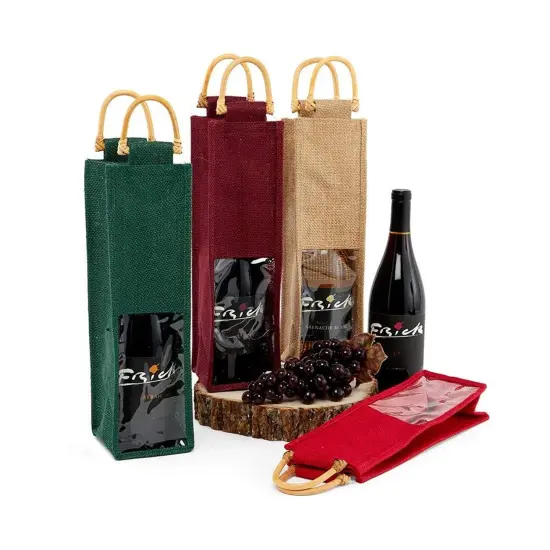Jute Wine Bag with Wooden Handles 4" x 4" x 14" Durable {2}