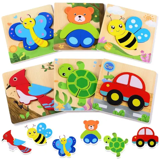 Magifire Wooden Puzzles, Set of 6 Montessori Style Toys for 12M+, Baby Wood Toys with Chunky Pieces with Bag - Butterfly, Bee, Woodpecker, Bear, Car, Turtle {1}