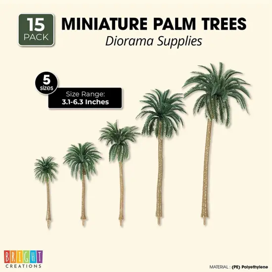 Miniature Model Palm Trees for Dioramas, DIY Crafts (5 Sizes, 15 Pieces) Green {2}
