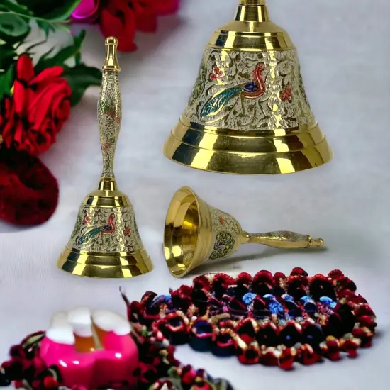Decorative Peacock Temple Bells Brass Puja Ghanti Hindu Mandir Bell Coloured Pooja Jingle Bells Indian Home Decor Hand Painted Bell Housewarming Gift Green {3}