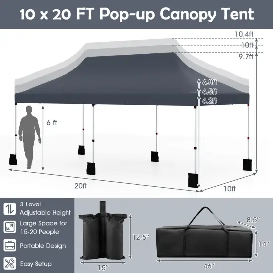 Costway 10 x 20 FT Pop-up Canopy UPF50+ Sun Protection Tent with Carrying Bag Blue/Black/Grey/White/Pink {3}