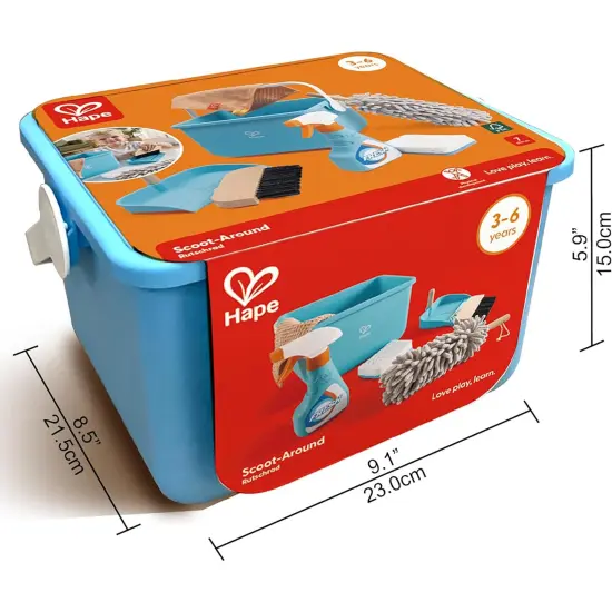 Hape: Scoot-Around Clean Up Bucket Set - 7pc, Yellow & Blue Cleaning Toy Playset, Bucket-Sprayer-Broom-Dustpan-Mop-Sponge-Duster, Pretend Play, Kid 3+ {7}