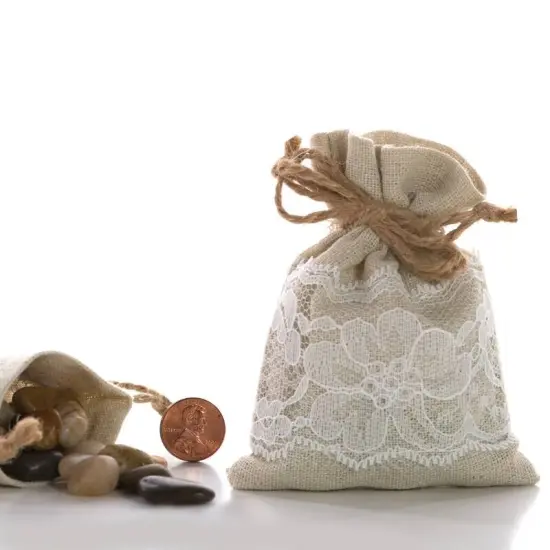 5"x3" Linen & Lace Drawstring Bags Natural/White {2}