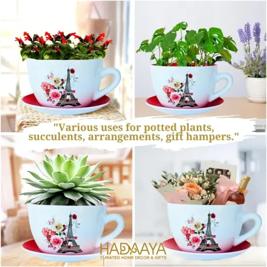 7.5" Ceramic Teacup Planter Pot with Saucer (Red) {4}