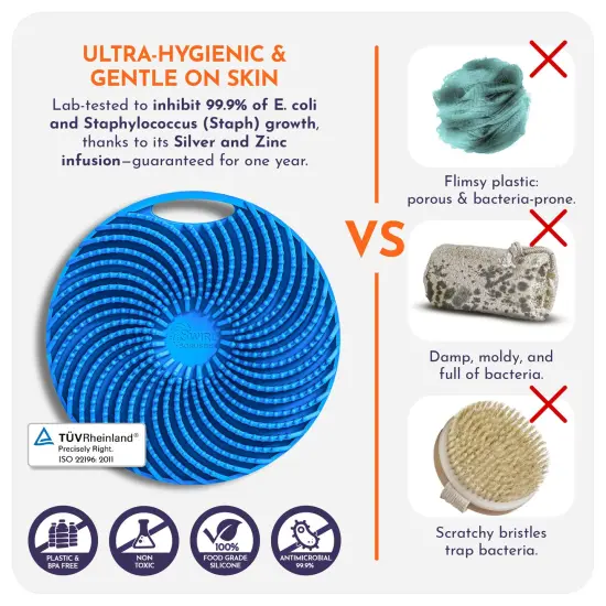 Swirl Scrubber: Antimicrobial Silicone Body Scrubber - Blue - Shower Hanger & Sticker, Lymphatic Support, Deep Exfoliation-Cleansing, Family Hygiene {3}