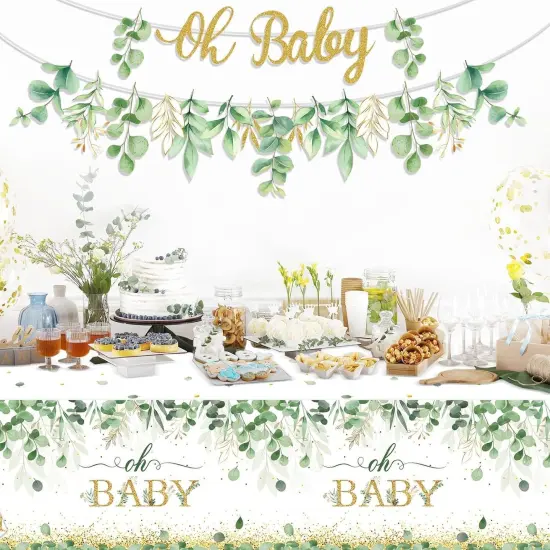 Greenery Baby Shower Banner Eucalyptus Leaves Tablecloth {4}