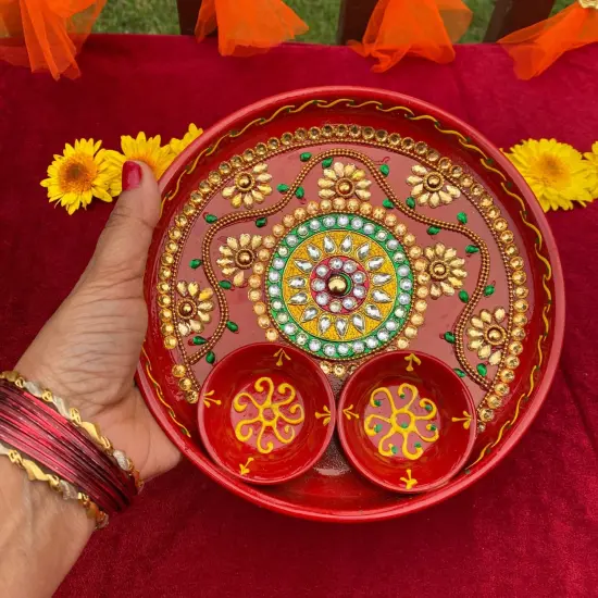 6 Inch Rhinestone Pooja Aarti Thali with Bowls Meenakari Work Red Painted Handmade Platter Haldi Kumkum Thali Ganesha Chaturthi Teej Diwali Puja Thali Housewarming Gift {2}