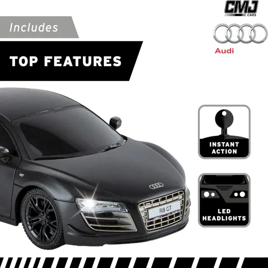 CMJ RC Cars: Audi R8 GT RC - Black - 1:24 Scale, Remote Control Radio Vehicle, 2.4 Ghz, LED Headlights, Racing Toy, Licensed Limited Edition Model {7}