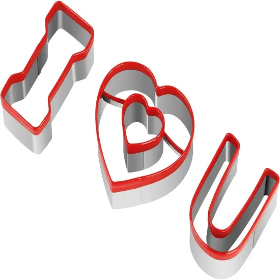 Valentine's Cookie Cutter Set 3 Heart & "I Love U" Shapes Cookie Cutters Stainless Steel Silver {4}
