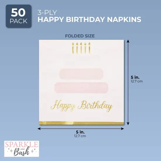 50 Pack Cake Theme Happy Birthday Napkins with Gold Foil Edges (Pink 5 x 5 In) {2}