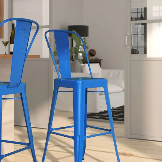Merrick Lane Dothan Series Metal Stool with Removable Back for Indoor-Outdoor Use Blue {3}
