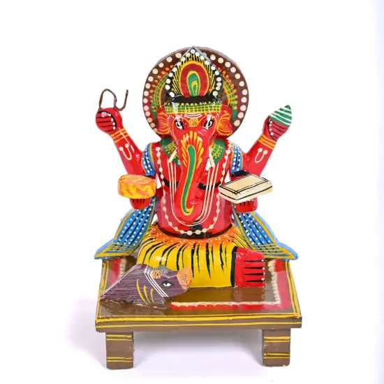 Wooden Ganesha Statue Kondapalli Hand Painted Lord Ganesh Sculpture Gajanana Ganpati Bappa Figurine for Pooja - Home Decor Hindu God Idol Murti Good Luck & Success (6.8 Inch) {4}