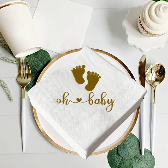 Pack of 50 Baby Shower Oh Baby Napkins 3 Ply (White & Gold) {3}