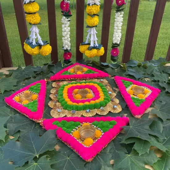 Rangoli Mat with Tea Light Candle Holder for Diwali Christmas Onam Pongal Decorations Pompom Rangoli Floor Home Temple Table Decor - Indian Traditional Deepawali Decoration (1 Pcs) {7}