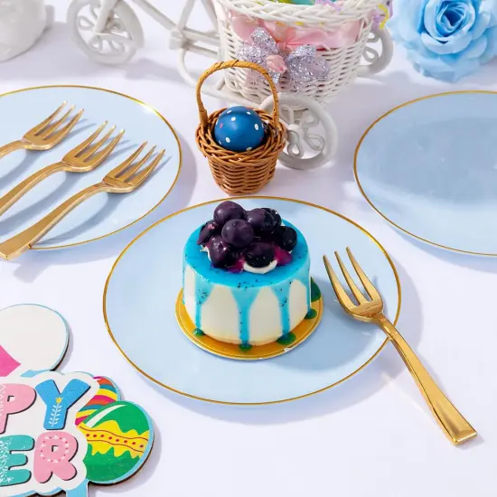 200Pcs Blue Gold Cake Plates with Plastic Forks - Serves 100 Guests {5}