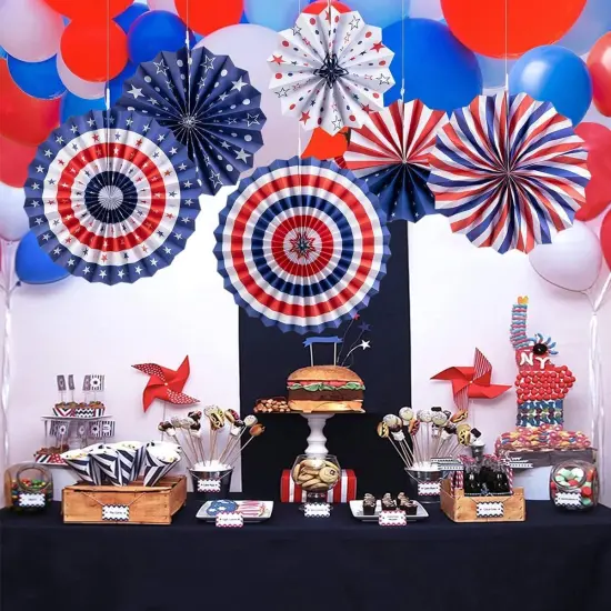 27PCS 4th of July Patriotic Party Decorations Set&ndash;Red White Blue Paper Fans, Star Pom Poms, USA Flag Pennant {1}