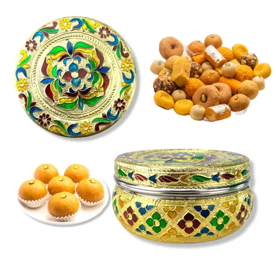 4ct Decorative Sweet Box Stainless Steel Small Round Storage Box Meenakari Container Laddu Box Spice Storage Unique Multipurpose use Box Gift for Guest {3}