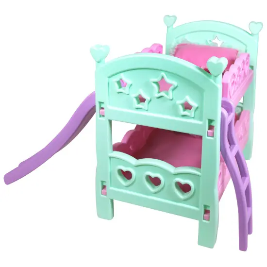 Lissi: 12" Doll Set: Bunk Bed & highchair - Pink, Green, Blue - 3pc Baby Doll Feeding & Sleep Toy Playset, Heart & Bird Outfit, Kids & Toddlers 2+ {6}