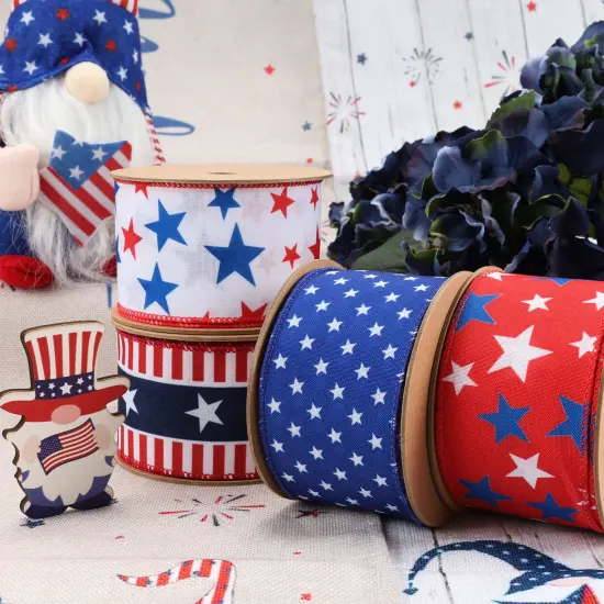 LaRibbons 2 1/2" Wired Ribbon | Red/White/Blue Stars | 10 Yard Roll Natural {7}