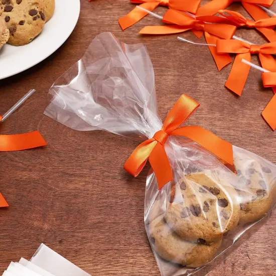 Bright Creations 100 Pack Orange Twist Tie Bows for Treat Bags, 3" Small Satin Ribbons for Craft Decoration, Gift Wrap, Themed Party Favors, Baked Goods {4}