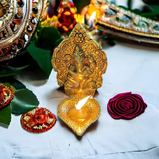 Ganesha Brass Finish Diya for Puja God Ganesh Idol Oil Lamp Deepam Akhand Jyot Kuber Deepak Diwali Home Decorations Mandir Temple Decor Vilakku Deepawali Housewarming Wedding Return Gifts {3}