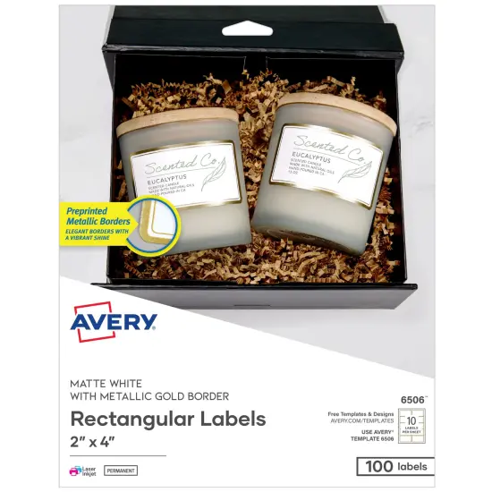 Avery Printable Rectangle Labels, 2" x 4" Shipping Labels, Matte White with Metallic Gold Border, Permanent Adhesive, Laser & Inkjet Compatible, 100 Blank Labels (6506) {1}