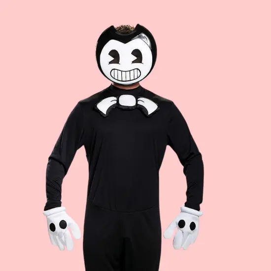 Classic Bendy Teen adult Costume Black Jumpsuit with Mask and Gloves Set Black/White {7}