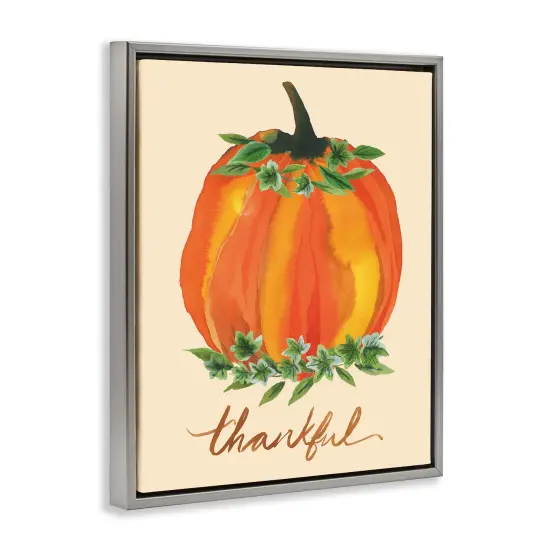 Thankful Orange Pumpkin Leaf Botanicals Autumn Plants Floating Frame Canvas Art Gold {9}