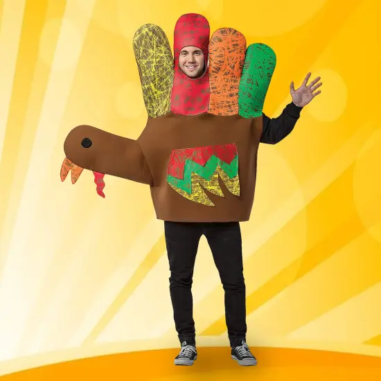 Hand Turkey Adult Costume Funny Thanksgiving Tunic with Colorful Drawing Details {1}