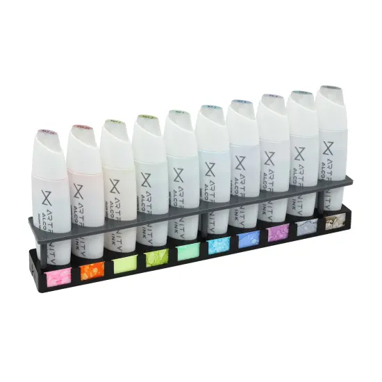Artfinity Alcohol Ink Set of 10 Colors (25 ml) with Free Acrylic Stand - For Painting or Alcohol Marker Refill Ink, Acid-Free, Fast-Drying, Permanent, Transparent, Includes Template for Swatches {1}
