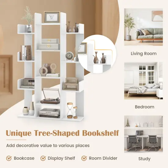 Costway 1/2 PCS Bookshelf Tree-Shaped Bookcase with 13 Storage Shelf Rustic Industrial Style White/Coffee {6}