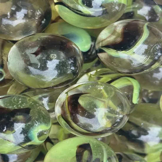 Lot of 10 COMMANDO Clear/Green/Brown Glass Marbles 25mm (1 inch) SHOOTER Taw Lot {2}