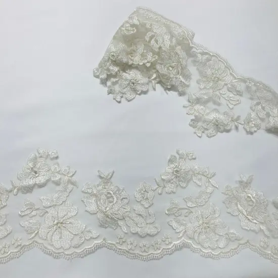 1 Yard Beaded Floral Lace Trimming on 100% Polyester Mesh, Embroidered Lace for Dresses & Decor White with Silver {3}