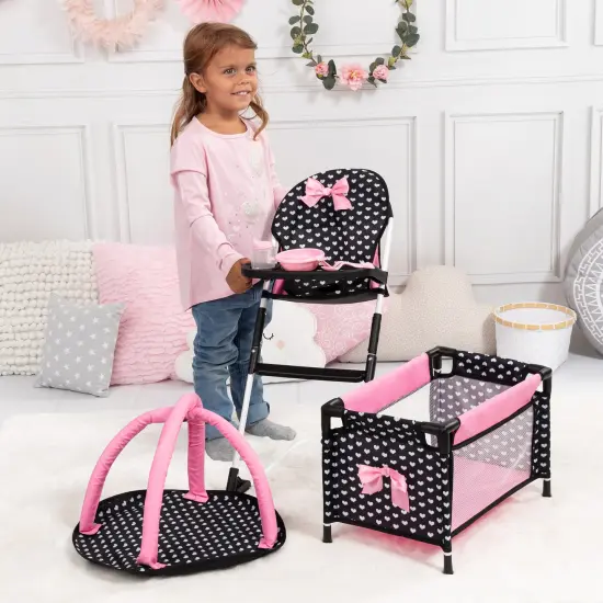Bayer: Travel 9 Piece Set - Black, Pink, Hearts - Bed, Highchair, Playground & Accessories for Dolls Up to 18", Kids Toy, Ages 3+ {7}