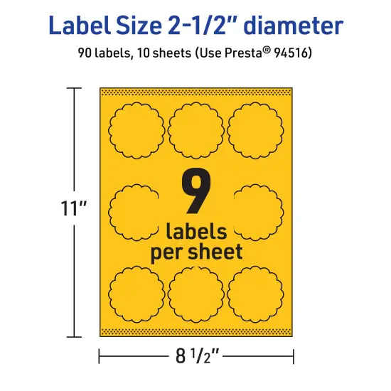 Avery Bright Yellow Paper Labels, 2.5" Diameter Round Scalloped {5}