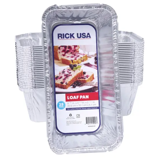 RICK USA: 8" Loaf Pan - 25 Pack -Disposable Aluminum Foil, Multi-Purpose Baking-Bread-Cooking, Durable, Grill-Oven-Freezer-Dishwasher Safe, Recyclable {1}