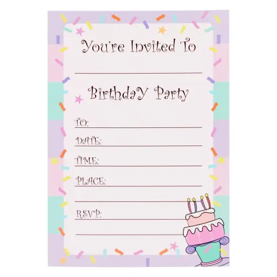 24 Pack Birthday Invitations for Girls, Fill-In Invite Cards with Envelopes, Confetti Design (5x7 in) Purple {5}