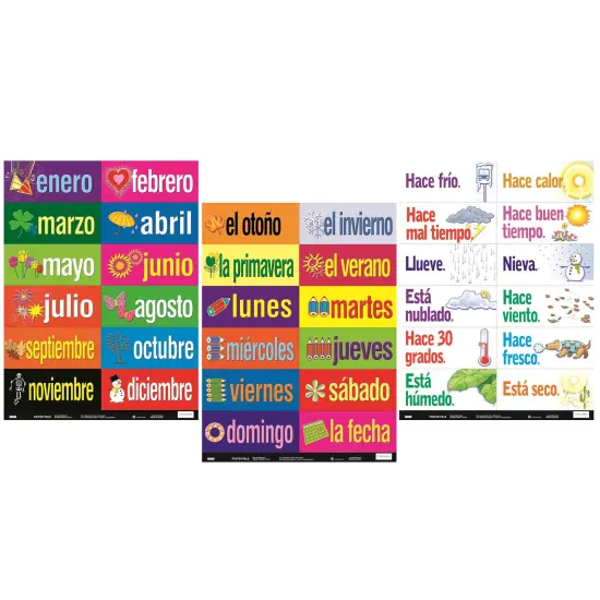 Poster Pals Spanish Educational and Language Teaching Chart posters,Classroom Decoration instruction, Months, Days, Seasons, Weather, FSL, 36 laminated card Set {1}