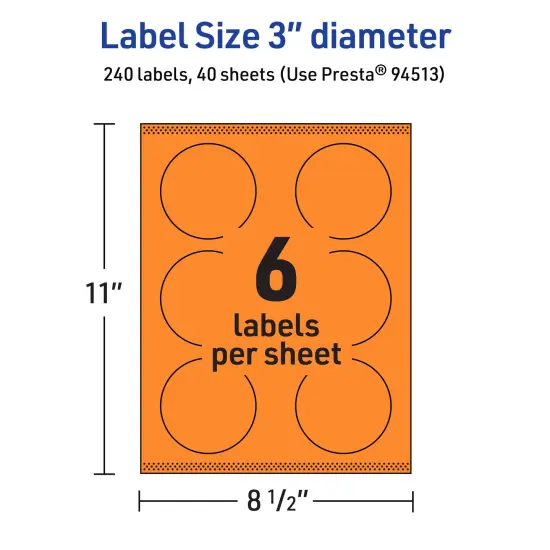 Avery Bright Orange Paper Labels, 3" Diameter Round {5}