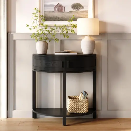 Farmhouse Half Moon Console Table - Small Entry Desk with Storage for Narrow Spaces - Modern Home Decor - Living Room Furniture - Wood Entryway Table with Doors and Black Knobs (Blackened Oak) {1}