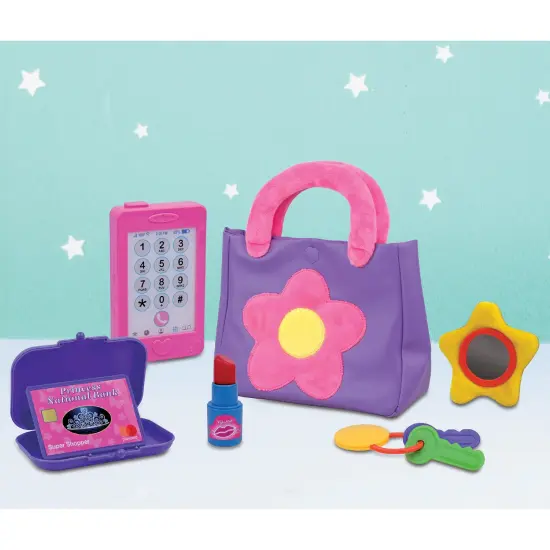 Nothing But Fun Toys: Let's Pretend - Purse - Pink & Purple Play Set, Soft Cloth Bag & Accessories, Phone-Wallet-Lipstick-Keys-Mirror, Kid-Toddlers 2+ {7}