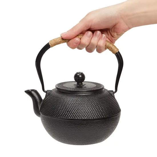 Cast Iron Tea Kettle for Stovetop - Japanese Tea Set with Warmer, Trivet, Infuser and 4 Teacups, Hobnail Design (40 oz, Black, 6 Pieces) {6}