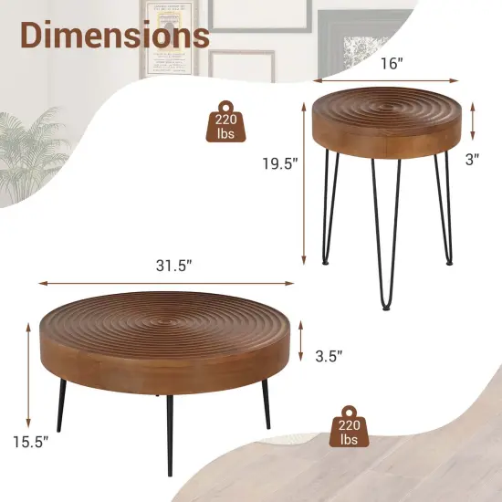 Costway Farmhouse Round CoffeeTable Set of 2 End Table Natural Finish for Living Room Brown/Natural {3}