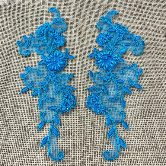 1 Pair Beaded & Corded Floral Lace Applique Embroidered on 100% Polyester 9.5" x 2" Each Side Pink {7}