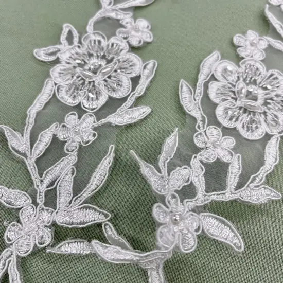 1 Pair Beaded & Corded Lace Applique Embroidered on 100% Polyester Organza 10" x 2" Each Side Antique Silver {2}