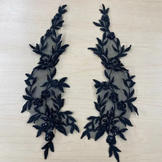 1 Pair Beaded Floral Lace Applique Embroidered on 100% Polyester Organza 10" x 2.5" Each Side Black {1}