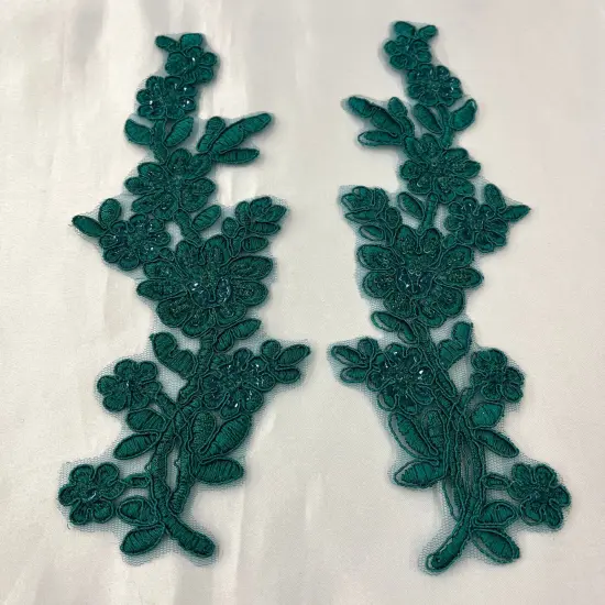 1 Pair Beaded & Corded Floral Lace Applique 10" x 2" Each Side Jade {1}