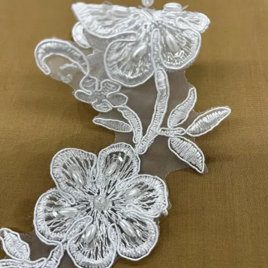 1 Pair Beaded & Corded Lace Applique 10" x 2" Each Side Ivory {5}