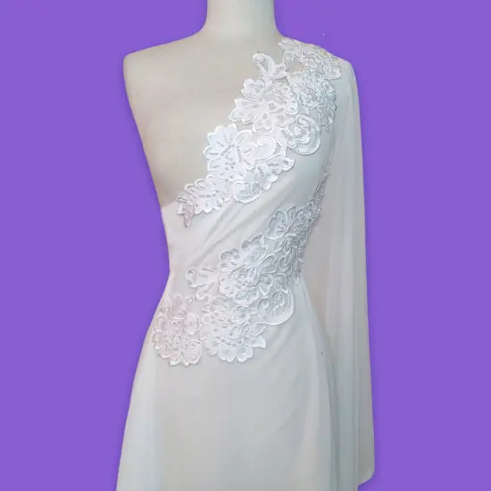 1 Pair 15" x 6" Each Side Beaded Lace Applique with Pearls & Sequins on Satin Off White Color {2}