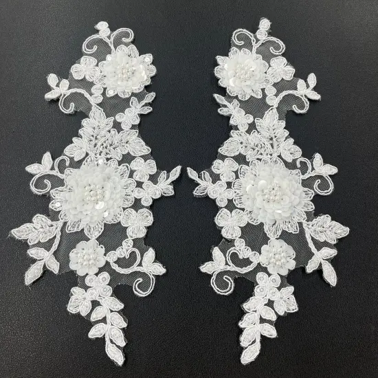1 Pair Beaded & Corded Floral 3D Lace Applique 100% Polyester Net Mesh 9" x 4" Each Side White {1}